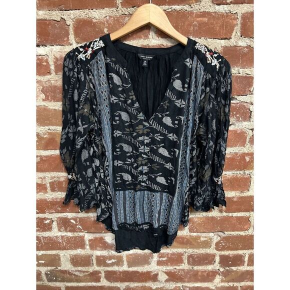 Lucky Brand Floral Print V Neck Long Sleeve Blouse Size Large - Picture 1 of 3